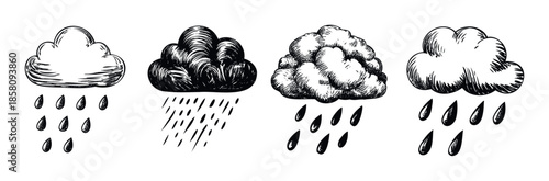 Hand drawn black and white weather symbols depicting various raining clouds, perfect for web icons, mobile applications, or educational graphic resources