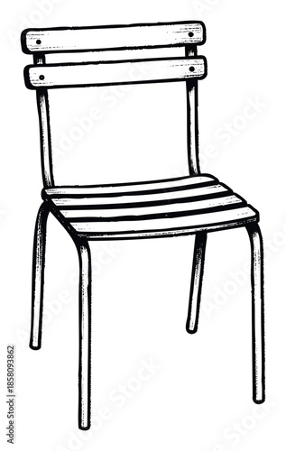 Simple black outline drawing of a classic outdoor bistro chair with slatted seat and back, perfect for graphic projects, stationery, or home decor concepts.