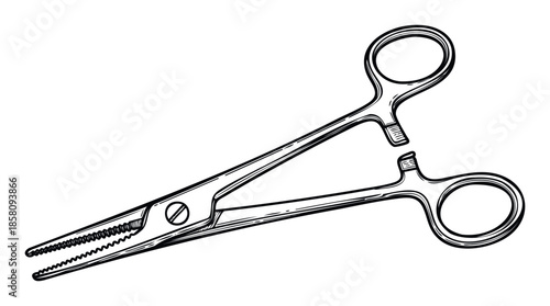 Detailed line drawing of a hemostat medical clamping instrument for precise surgical operations and clinical procedures in healthcare and veterinary medicine contexts
