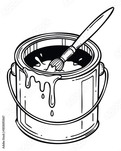 Black and white line drawing of a paint can with a paintbrush immersed in paint and paint drips, ideal for DIY projects, home renovation, or graphic visual themes.