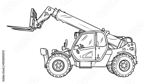 Heavy duty telehandler construction equipment with an extended boom and forks presented as a clear outline drawing perfect for coloring books or technical diagrams and educational content