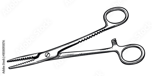 Hand drawn sketch of a surgical hemostat clamp essential for medical procedures and veterinary operations ideal for educational materials healthcare publications and scientific presentations