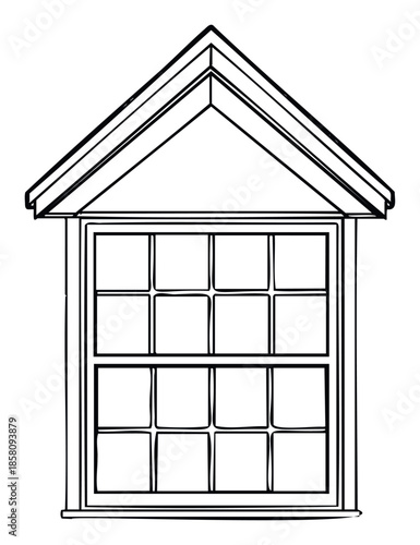 Detailed architectural outline of a traditional gabled window structure for residential building plans, home renovation presentations, and classic house facade studies.