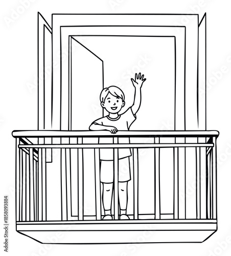 Young boy on apartment balcony happily waving hello, perfect for representing childhood joy, greetings, or urban living in various media projects and communications.