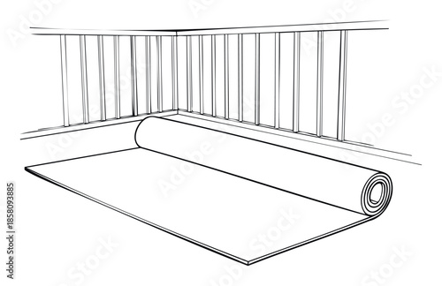 Schematic line drawing depicting a roll of material partially unrolled on a floor next to a corner railing, useful for home renovation guides, flooring installation instructions, or