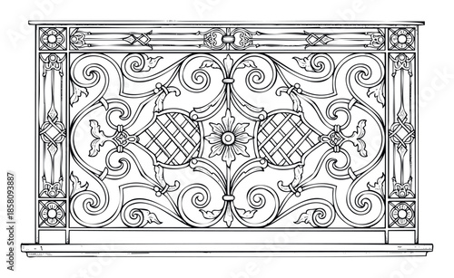 Ornate wrought iron railing section showcasing intricate classical decorative elements perfect for architectural design projects historical reproductions or elegant home embellishment