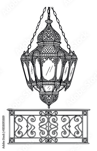 Hand drawn detailed Moroccan lantern with intricate geometric patterns suspended by chains above a traditional ornamental wrought iron balcony railing, ideal for cultural event invitations