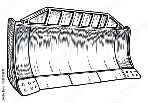This detailed line drawing of a snowplow blade attachment is ideal for various heavy equipment related projects, construction publications, or winter utility applications.
