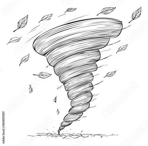Black and white hand drawn tornado illustration showing swirling wind and flying leaves perfect for natural disaster warnings weather reports and environmental projects