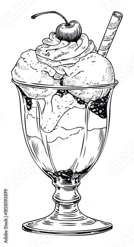 Delicious ice cream sundae with whipped cream and cherry in a classic glass perfect for dessert menus restaurant advertising and sweet treat promotions