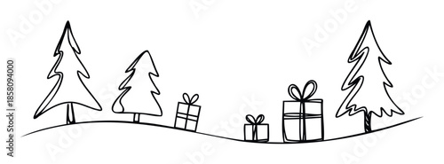 Continuous line drawing of festive fir trees and wrapped presents creating a joyful winter holiday scene for seasonal greeting designs and celebratory marketing materials