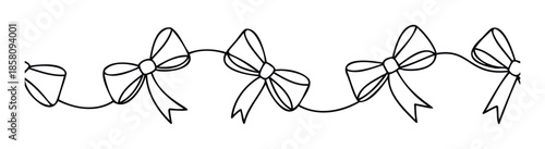 Simple outline of a decorative ribbon bow garland forming a continuous line, perfect for holiday greetings, wedding invitations, party decor, or adding a festive border to various