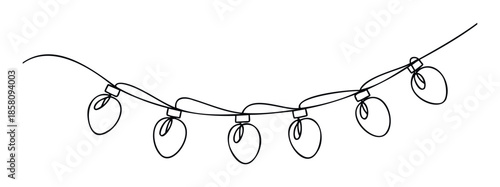 Continuous line drawing of festive string lights with six light bulbs, perfect for holiday season decorations and celebratory event invitations or graphic elements