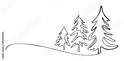 Minimalist black continuous line drawing depicting a group of three evergreen fir trees standing on a gentle curve, perfect for winter holiday greeting decorations, childrens book