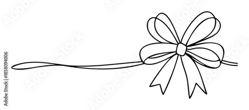 Simple black line drawing of an elegant gift bow with a flowing ribbon, perfect for holiday greetings, wedding invitations, birthday celebrations, or event decoration projects