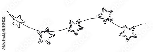 Simple single line drawing with five outlined stars on a wavy string perfect for event decorations, holiday greetings, party invitations, or childrens craft projects.