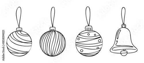 Simple line art Christmas tree ornaments, including diverse decorated baubles and a festive bell, offer versatile decorative elements for holiday greeting cards, winter celebrations, and