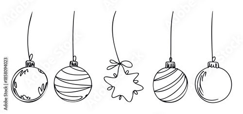 Minimalist Christmas ornaments in a continuous line art style hanging from strings, depicting various festive baubles and a star shape, ideal for holiday season decorations and greeting