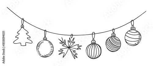 Holiday decorations garland featuring a Christmas tree, various ornamental balls, and a snowflake for festive winter season greetings and celebratory event promotions