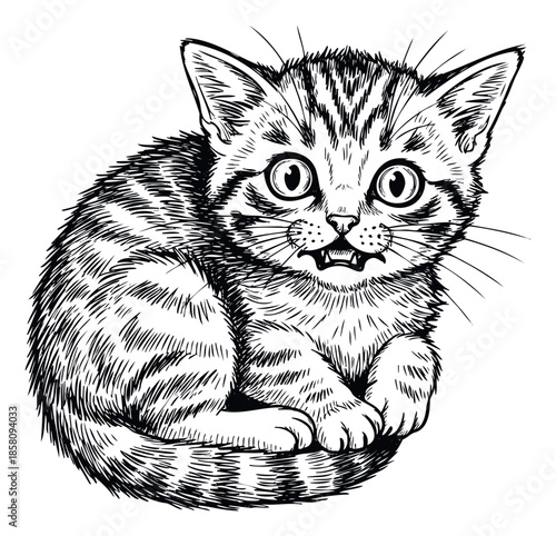 A curious small striped feline with a surprised expression and wide open eyes suitable for pet store branding animal welfare campaigns or educational materials