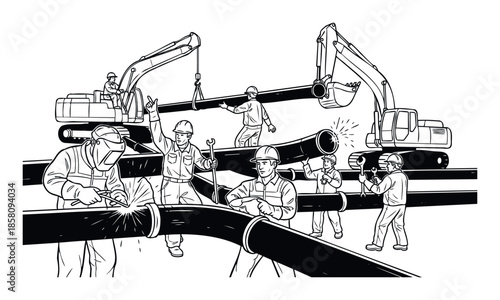 Construction team actively installing large industrial pipelines with excavators and welders, showcasing complex infrastructure development for various industrial and utility applications