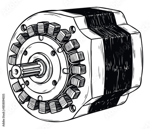Black and white handdrawn mechanical pump with internal components visible, perfect for engineering publications, industrial presentations, and technical diagrams