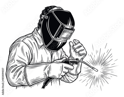 Professional welder wearing protective gear and using a torch to create sparks, perfect for demonstrating industrial occupations, manual labor, and workshop safety.