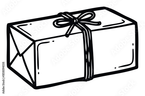 Handdrawn black and white gift box with ribbon and bow perfect for holiday greetings, celebration announcements, or special event promotions on various platforms.