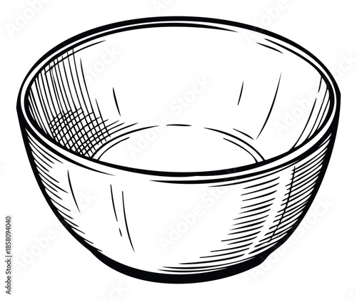 Hand drawn vintage style empty kitchen bowl suitable for illustrating culinary processes, food recipes, or dining related advertisements and kitchenware promotions.