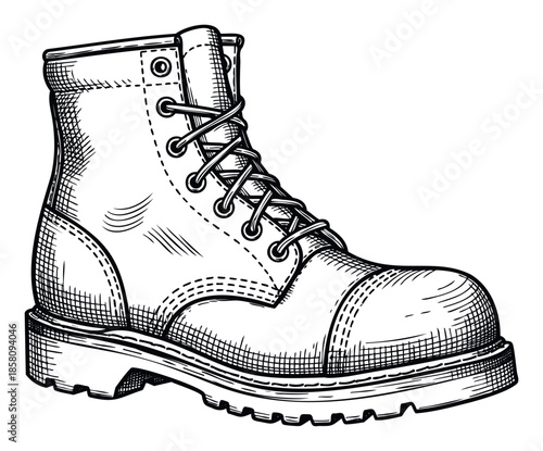 A rugged work boot presented in a classic handdrawn sketch style, perfect for apparel catalogs, footwear advertisements, fashion blogs, or any project needing a vintage footwear depiction.