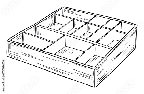 Empty wooden compartment tray for organizing small items, suitable for home storage solutions, jewelry display, or craft supplies management.