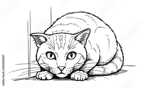 A black and white sketch of a domestic cat crouching low and staring intently forward, perfect for animal themed illustrations, educational resources, or expressive graphic design projects.