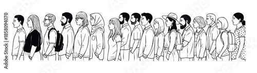 A diverse group of men and women, including individuals of Arab ethnicity, standing patiently in a queue line in profile, representing community, waiting, and social interaction concepts.