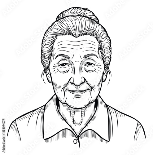 Portrait of a smiling senior lady featuring a gentle expression and traditional bun hairstyle, perfect for illustrating stories about wisdom or family values
