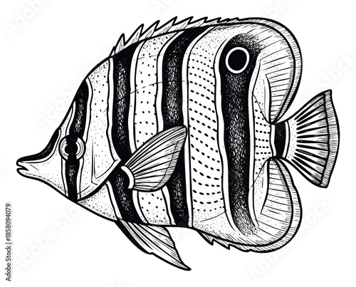 A detailed graphic of a vibrant tropical butterflyfish with striking stripes and dotted textures, perfect for marine life educational materials, aquarium decor, or oceanthemed merchandise