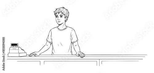 Young male employee working at a retail store counter with a cash register, suitable for illustrating customer service scenarios or business operations in various publications