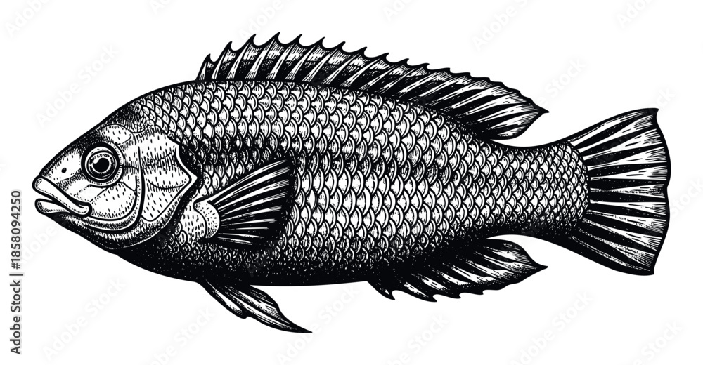 Obraz premium Detailed woodcut style illustration of a freshwater fish, perfect for angling publications, seafood packaging, and educational resources on marine biology