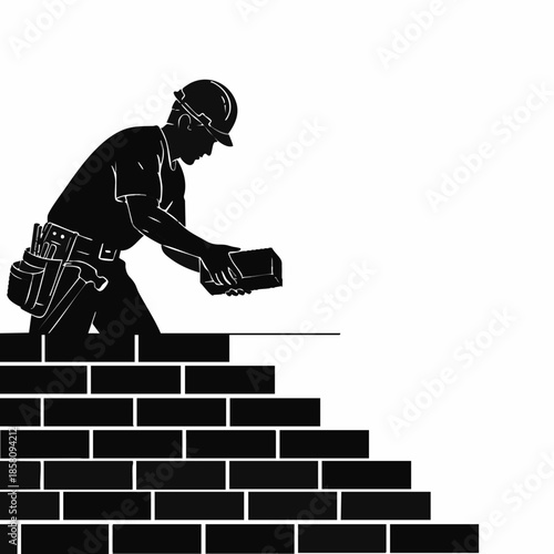 Construction Worker Laying Bricks Building Wall Silhouette.