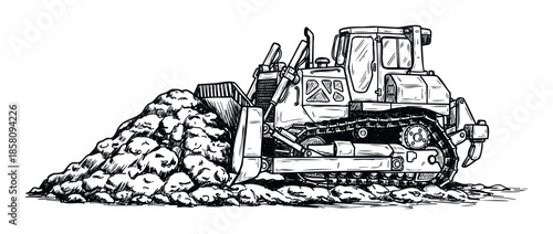 A powerful bulldozer heavy equipment machine operates on a construction site, pushing a large pile of rocks and dirt, symbolizing robust engineering and infrastructure development projects.
