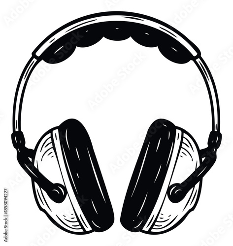 Stylish black and white graphic headphones representing sound and music, ideal for use in digital media interfaces, podcast branding, and audio technology promotions.