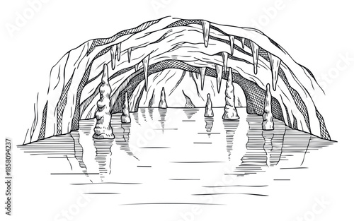 Venture into an intriguing hand sketched cavern scene depicting hanging stalactites and rising stalagmites reflected in calm water, suitable for geological studies and nature exploration