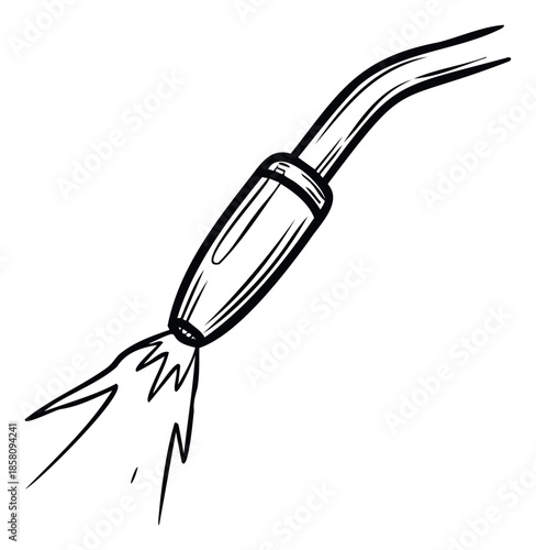 A hand drawn sketch of a garden hose nozzle actively spraying a forceful stream of water, perfect for illustrating concepts of watering, cleaning, or fluid dynamics in various household and