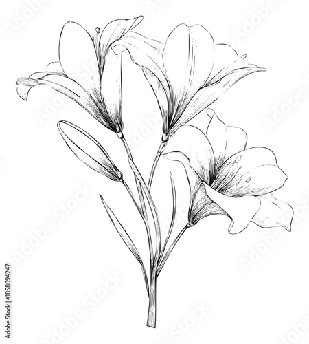 Elegant hand drawn lily flowers with detailed petals and flourishing buds perfect for botanical themed designs wedding invitations textile prints and natural inspired graphic projects