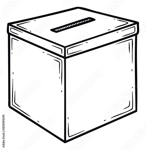 Graphic depiction of a voting or donation box featuring a top slot, useful for illustrating democratic processes, charitable initiatives, feedback mechanisms, or anonymous contributions.