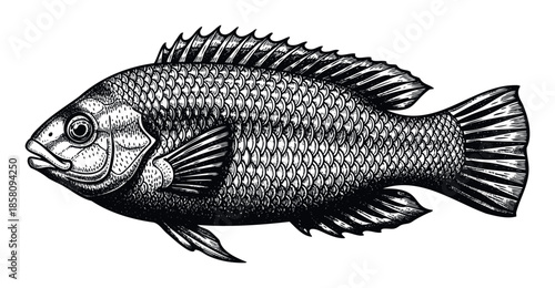 Detailed woodcut style illustration of a freshwater fish, perfect for angling publications, seafood packaging, and educational resources on marine biology