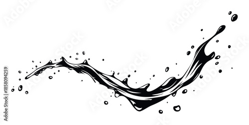 Dynamic black liquid splash and splatter graphic element suitable for modern motion graphics, product packaging, branding, and abstract background compositions.