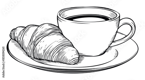 Classic breakfast scene featuring a handdrawn croissant and a cup of coffee on a saucer, perfect for menu designs, food blog headers, or cafe promotions.