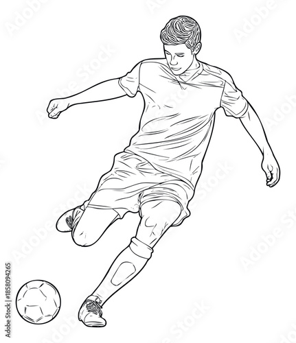 Dynamic male soccer player kicking a football during a competitive match, perfect for sports event promotions, athletic training guides, or youth league advertisements
