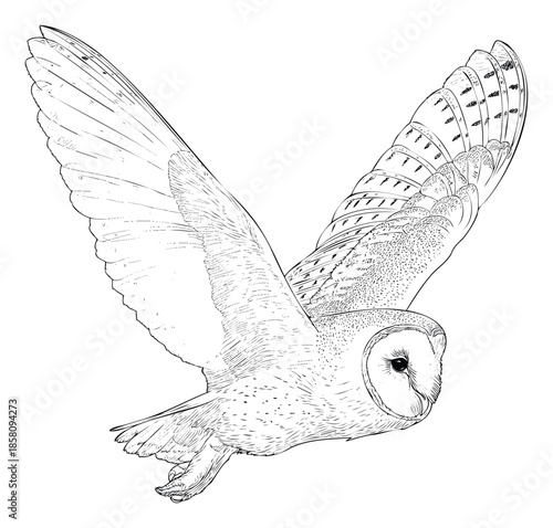 Dynamic black and white depiction of a barn owl in midflight emphasizes its predatory grace and unique anatomical features, suitable for academic presentations, nature films, or book covers.