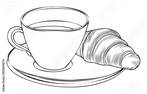 Classic black and white line drawing depicting a cup of hot coffee on a saucer with a fresh croissant, perfect for cafe menus, morning meal promotions, and dining establishment
